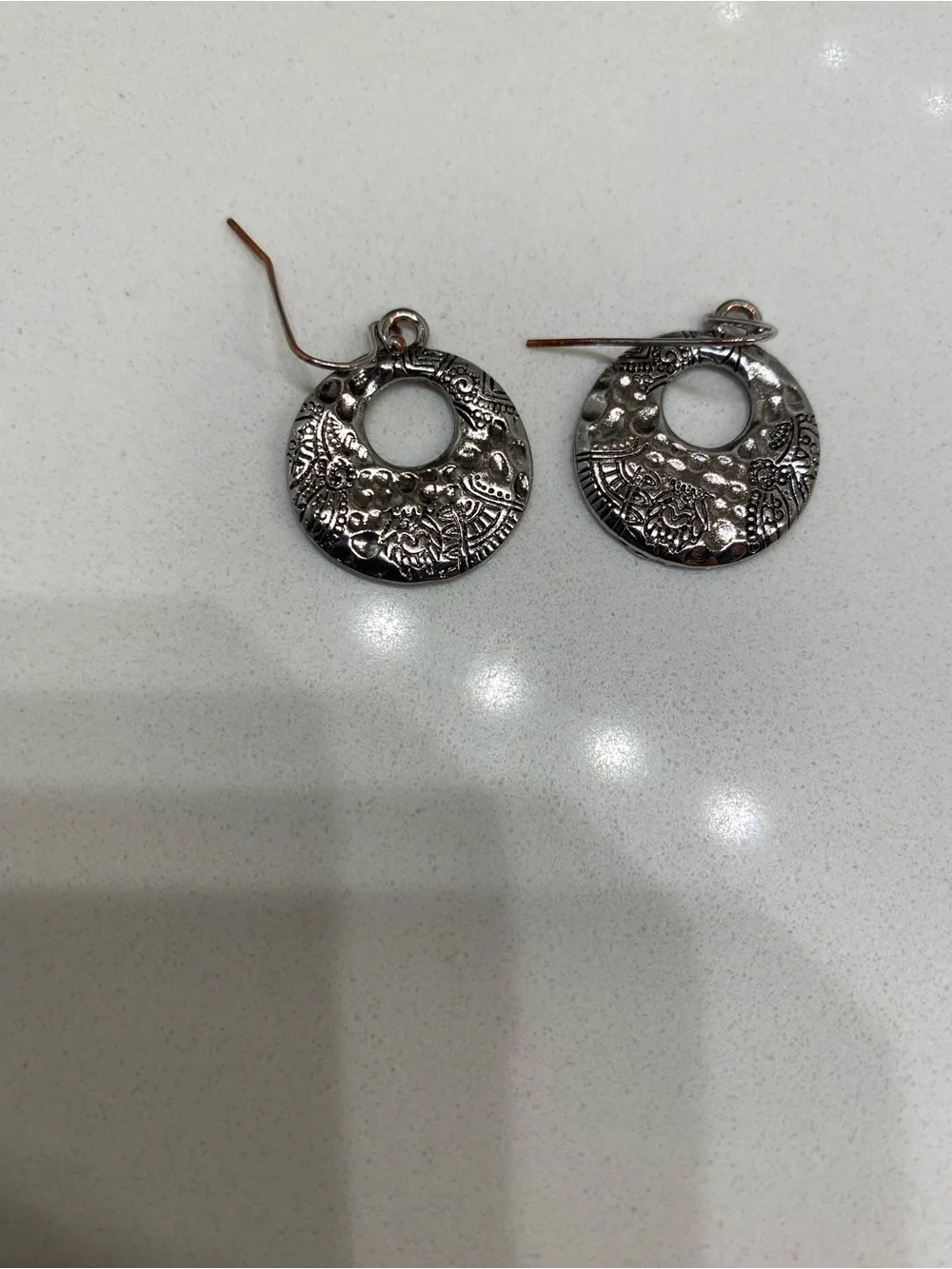 Hammered Silver - Toned Bracelet And Matching Earrings Set With Faith Charm